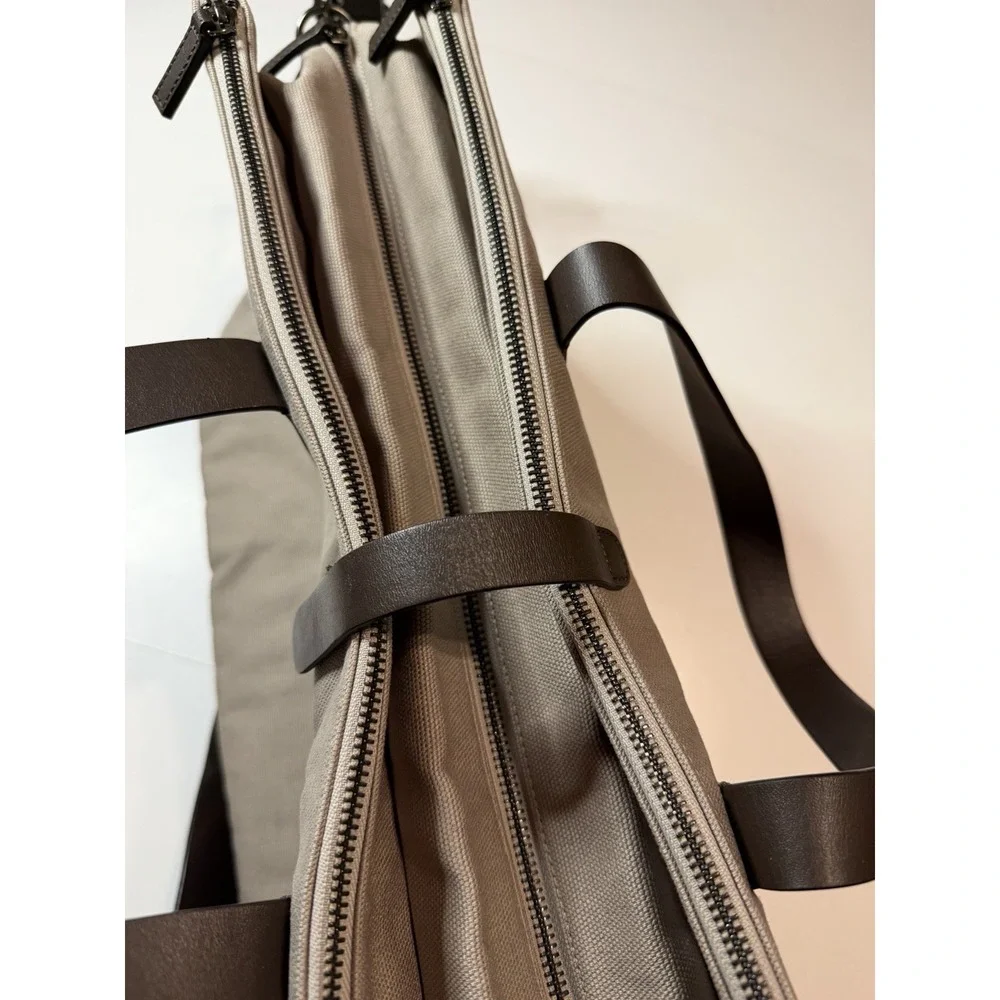 Cuyana Mens Triple Zipper Weekender Canvas/Leather Trim Travel Brown Bag